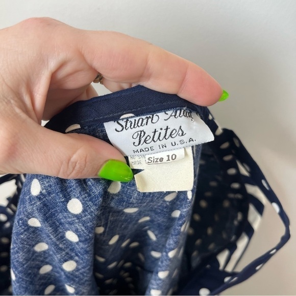 Vintage 80s 90s Stuart Alan Petites Navy Polkadot Pin Up A-line Midi Dress 10P - Picture 2 of 5